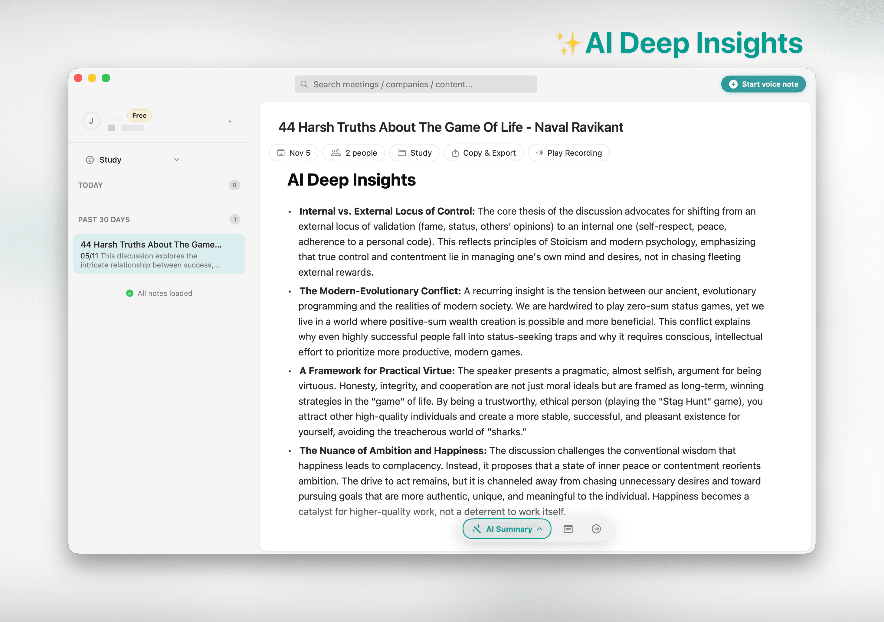 WeNotely AI 会议纪要助手主界面 - 显示实时录音转录、智能总结和会议洞察功能